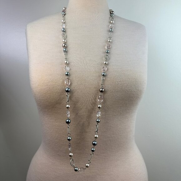 Premier Designs Gray, Clear & Silver Tone Bead Chain Link Necklace 48" - Picture 1 of 8